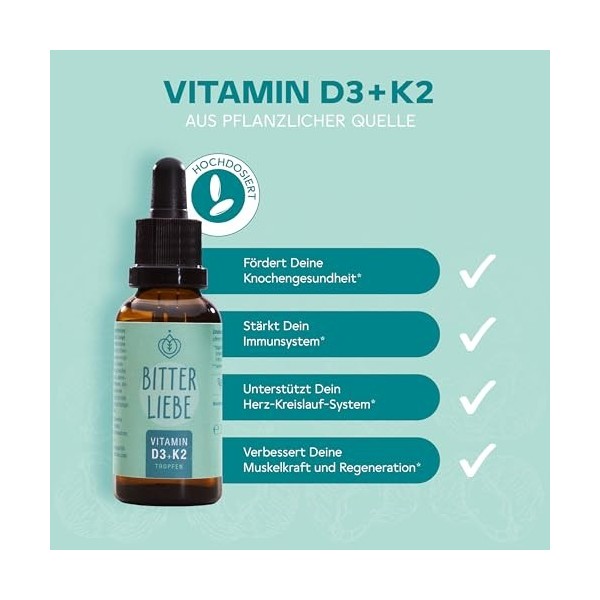 BitterLiebe Gouttes de vitamine D3 K2 hautement dosées et végétaliennes - Vitamine K2 et vitamine D3 hautement biodisponible 