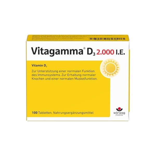 Vitagamma D3 2000 UI : lénergie solaire pour votre santé, contribue au fonctionnement normal du système immunitaire, 100 com