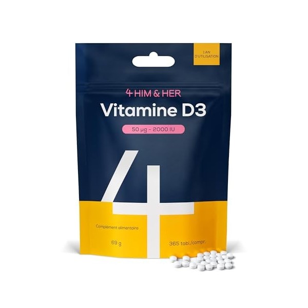 Vitamine D3 2000 UI 50µg – 365 Petits Comprimés 1 An – Vitamin D Cholécalciférol Haute Qualité – Système Immunitaire, Os