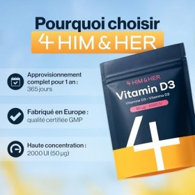 Vitamine D3 2000 UI 50µg – 365 Petits Comprimés 1 An – Vitamin D Cholécalciférol Haute Qualité – Système Immunitaire, Os 