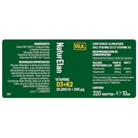 Vitamine D3 et K2 gouttes, 20000 UI/j + vitamine K2 MK7 200 mcg, vegetarisch, sans Stéarate de Magnésium, Laborgeprüft