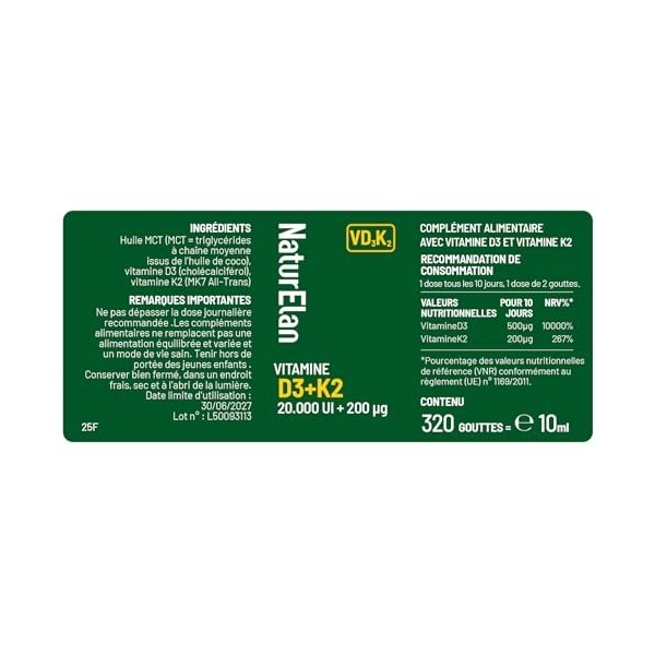 Vitamine D3 et K2 gouttes, 20000 UI/j + vitamine K2 MK7 200 mcg, vegetarisch, sans Stéarate de Magnésium, Laborgeprüft