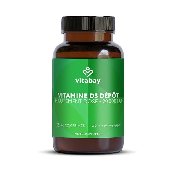 Vitabay Vitamine D3 365 Comprimés Véganes de 20 000 UI à Libération Prolongée - 1 comprimé de Cholécalciférol Vitamine D3 tou