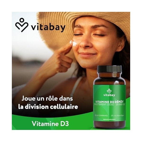 Vitabay Vitamine D3 365 Comprimés Véganes de 20 000 UI à Libération Prolongée - 1 comprimé de Cholécalciférol Vitamine D3 tou
