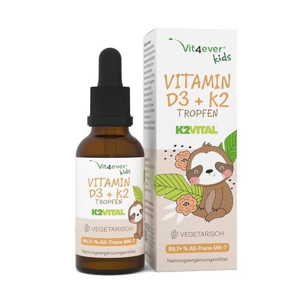 Vitamine D3 K2 en gouttes pour enfants pendant 300 jours 10 mois - 500 UI de vitamine D & 25 μg de vitamine K2 - Haute biod