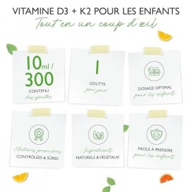 Vitamine D3 K2 en gouttes pour enfants pendant 300 jours 10 mois - 500 UI de vitamine D & 25 μg de vitamine K2 - Haute biod