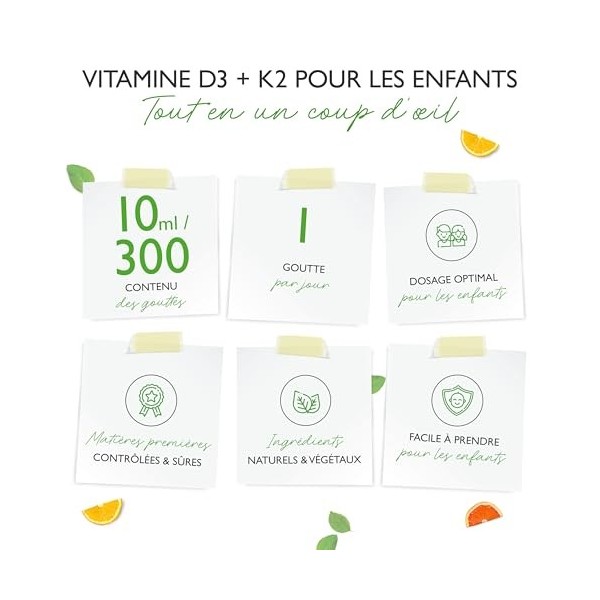 Vitamine D3 K2 en gouttes pour enfants pendant 300 jours 10 mois - 500 UI de vitamine D & 25 μg de vitamine K2 - Haute biod