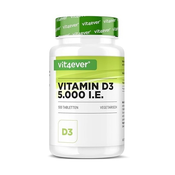 Vitamine D3 5000 U.I. dépôt - 500 comprimés - haut dosage - végétarienne - haute pureté - dose de 5 jours à 1000 UI par jour