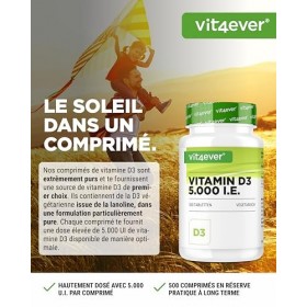 Vitamine D3 5000 U.I. dépôt - 500 comprimés - haut dosage - végétarienne - haute pureté - dose de 5 jours à 1000 UI par jour 