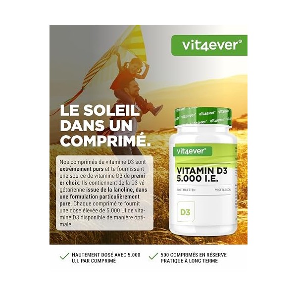 Vitamine D3 5000 U.I. dépôt - 500 comprimés - haut dosage - végétarienne - haute pureté - dose de 5 jours à 1000 UI par jour