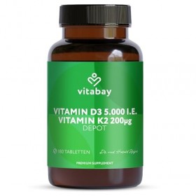 Vitabay Vitamine D3 + K2 Depot – 180 comprimés végétaliens – hautement dosé – 5000 UI vitamine D3 avec K2 MK7 all-trans – san