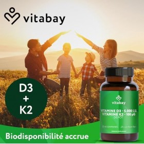 Vitabay Vitamine D3 + K2 Depot – 180 comprimés végétaliens – hautement dosé – 5000 UI vitamine D3 avec K2 MK7 all-trans – san