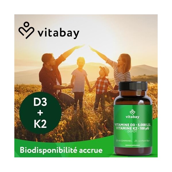 Vitabay Vitamine D3 + K2 Depot – 180 comprimés végétaliens – hautement dosé – 5000 UI vitamine D3 avec K2 MK7 all-trans – san