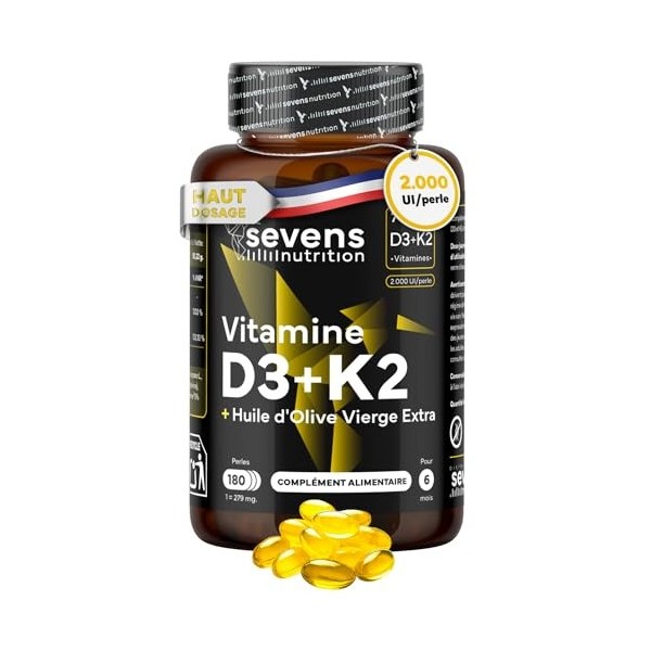 Vitamine D3 K2 MK7 - Vitamin D3 2000UI - Vitamine K2 MK7 100 µg - Avec de lHuile d’Olive Vierge - 180 Softgels Sans Gluten -