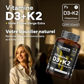 Vitamine D3 K2 MK7 - Vitamin D3 2000UI - Vitamine K2 MK7 100 µg - Avec de lHuile d’Olive Vierge - 180 Softgels Sans Gluten -
