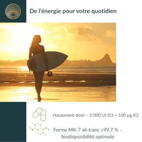Naturorganica® Vitamine D3 + K2 MK-7 all-trans ≥99,7 % – 2000 UI + 100 µg – Soutient l’immunité, les os, les muscles et les d