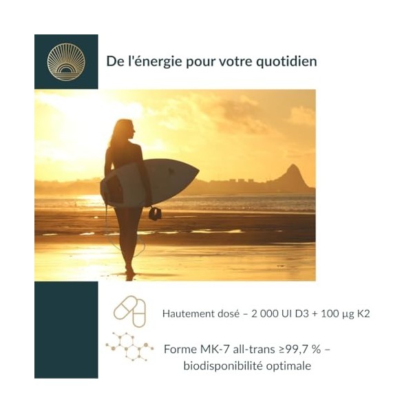 Naturorganica® Vitamine D3 + K2 MK-7 all-trans ≥99,7 % – 2000 UI + 100 µg – Soutient l’immunité, les os, les muscles et les d