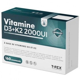 Vitamine D3 2000 UI + Vitamine K2 160 comprimés à Haute Dose pour les Articulations, les Os, les Dents, les Muscles, le Systè