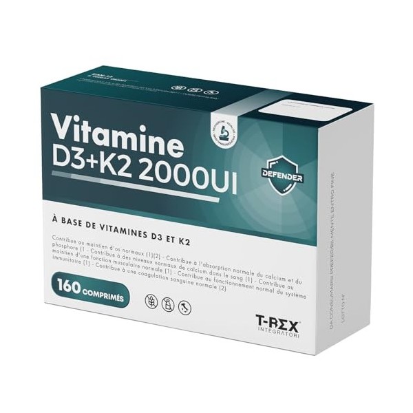 Vitamine D3 2000 UI + Vitamine K2 160 comprimés à Haute Dose pour les Articulations, les Os, les Dents, les Muscles, le Systè