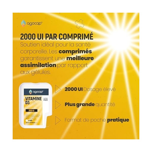 Vitamine D3 2000 UI, Complément Alimentaire pour Os et Système Immunitaire, Format Pocket, 400 comprimés