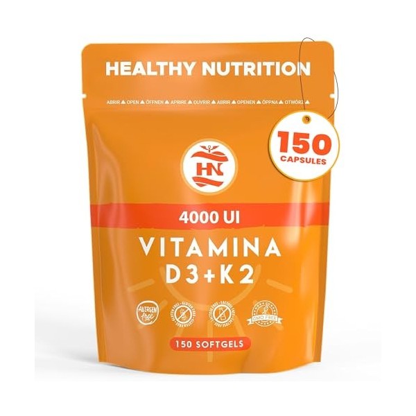 Vitamine D 4000 UI Vitamine D3 K2. 150 Capsules Vitamin D3 hautement concentrée Soutient les fonctions immunitaires et osseus