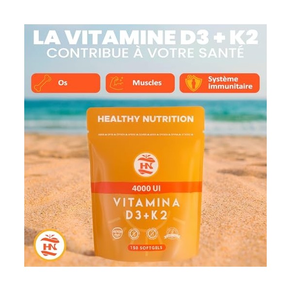 Vitamine D 4000 UI Vitamine D3 K2. 150 Capsules Vitamin D3 hautement concentrée Soutient les fonctions immunitaires et osseus
