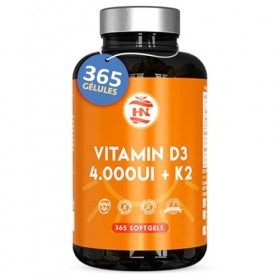 Vitamine D 4000 UI Vitamine D3 K2. 365 Capsules Vitamin D3 hautement concentrée Soutient les fonctions immunitaires et osseus