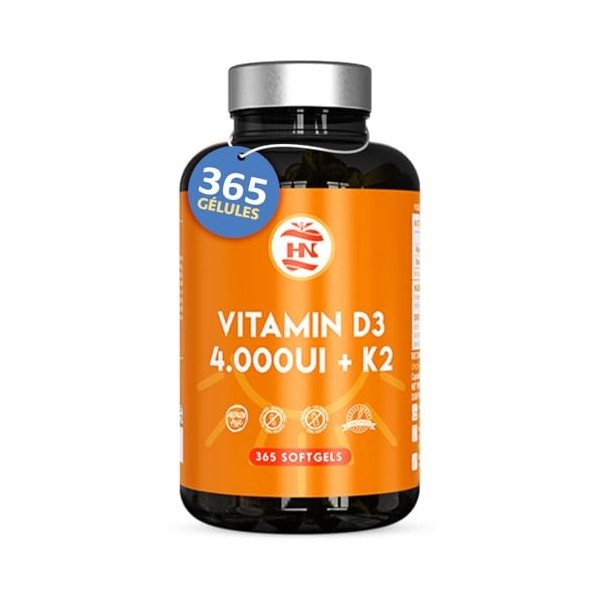Vitamine D 4000 UI Vitamine D3 K2. 365 Capsules Vitamin D3 hautement concentrée Soutient les fonctions immunitaires et osseus