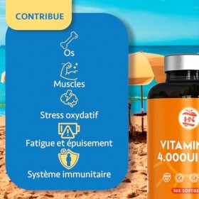 Vitamine D 4000 UI Vitamine D3 K2. 365 Capsules Vitamin D3 hautement concentrée Soutient les fonctions immunitaires et osseus