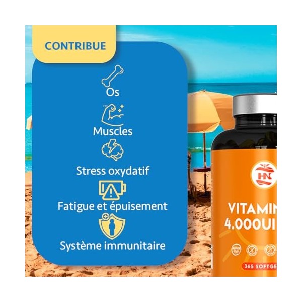 Vitamine D 4000 UI Vitamine D3 K2. 365 Capsules Vitamin D3 hautement concentrée Soutient les fonctions immunitaires et osseus