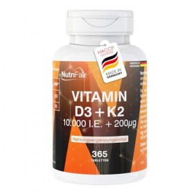 Vitamine D3 + K2-365 comprimés - 10.000 UI + 200μg - Hautement dosé – Fabrication allemande et testé en laboratoire - NutriFa