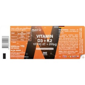 Vitamine D3 + K2-365 comprimés - 10.000 UI + 200μg - Hautement dosé – Fabrication allemande et testé en laboratoire - NutriFa