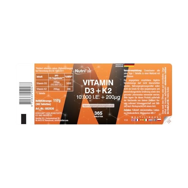 Vitamine D3 + K2-365 comprimés - 10.000 UI + 200μg - Hautement dosé – Fabrication allemande et testé en laboratoire - NutriFa