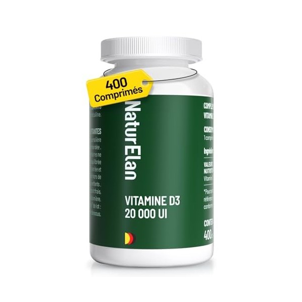 Vitamine D3 20000 UI, 200 Comprimés, Approvisionnement pour deux ans, Végétarien, sans Stéarate de Magnésium, Fabriqué en All...