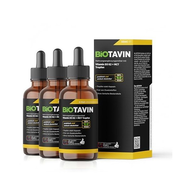 BiOTAVIN Gouttes de vitamine D3K2 avec huile MCT 50 ml 3 x 50 ml | Hautement dosé 1000 UI par portion quotidienne – Facile V...