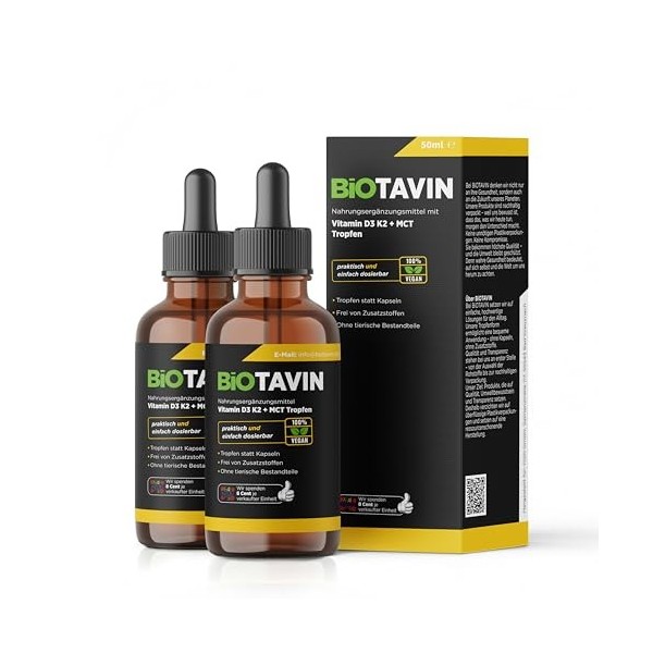 BiOTAVIN Gouttes de vitamine D3K2 avec huile MCT 50 ml 3 x 50 ml | Hautement dosé 1000 UI par portion quotidienne – Facile V...