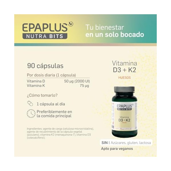 EPAPLUS NUTRABITS Vitamine D3 + K2 2000 UI + 75 µg MK7 - 90 gélules végétales - os, dents et système immunitaire - Végétali