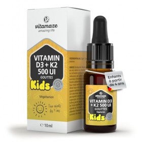 Gouttes Vitamine D3+K2 pour Enfants, 500 UI D3 + 25µg K2 par Goutte, Seulement 1 Goutte par Jour, Stock 10 Mois, Huile MCT, A...