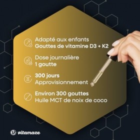 Gouttes Vitamine D3+K2 pour Enfants, 500 UI D3 + 25µg K2 par Goutte, Seulement 1 Goutte par Jour, Stock 10 Mois, Huile MCT, A...