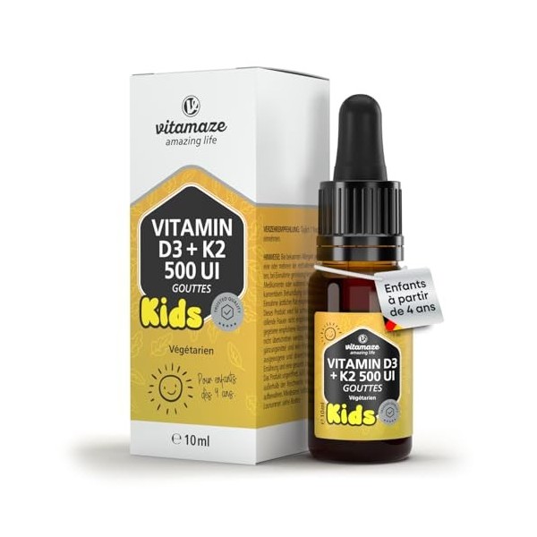 Gouttes Vitamine D3+K2 pour Enfants, 500 UI D3 + 25µg K2 par Goutte, Seulement 1 Goutte par Jour, Stock 10 Mois, Huile MCT, A...