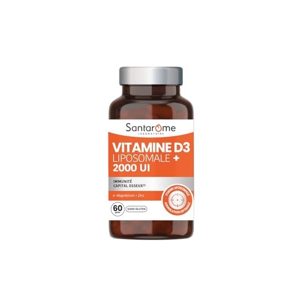 Santarome - Vitamine D3 Liposomale 2000 UI – Immunité & Capital Osseux – Avec Magnésium & Zinc – Haute Assimilation – Vegan,