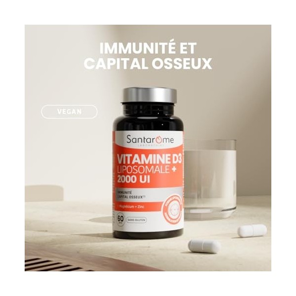 Santarome - Vitamine D3 Liposomale 2000 UI – Immunité & Capital Osseux – Avec Magnésium & Zinc – Haute Assimilation – Vegan,