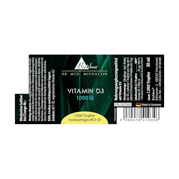 BIOTIKON Gouttes de vitamine D3 végétarienne selon Dr. med. Michalzik - Sans additifs - Vitamine D3 - 1 000 UI - 30 ml