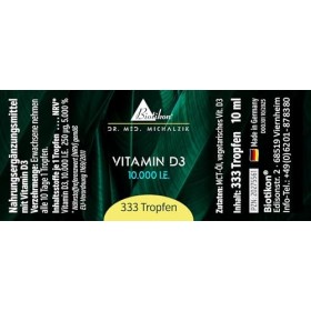 BIOTIKON Gouttes de vitamine D3 végétarienne selon Dr. med. Michalzik - Sans additifs - Vitamine D3 - 10 000 UI - Gouttes de 