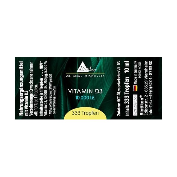 BIOTIKON Gouttes de vitamine D3 végétarienne selon Dr. med. Michalzik - Sans additifs - Vitamine D3 - 10 000 UI - Gouttes de 