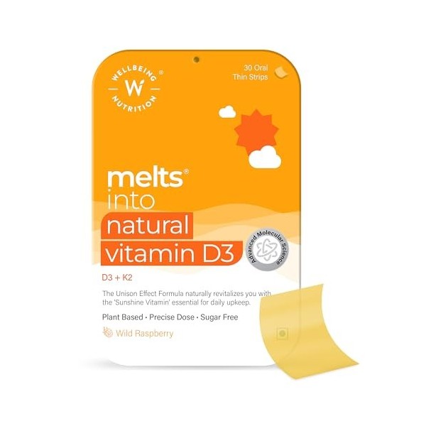 Wellbeing Nutrition Melts Natural Vitamine D3 + K2 Complément alimentaire pour immunité, cœur, muscle, os, protection cellula