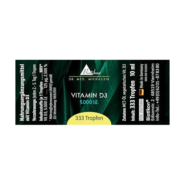 BIOTIKON Gouttes de vitamine D3 végétarienne selon Dr. med. Michalzik - Sans additifs - Vitamine D3 5 000 UI - Gouttes de 10 