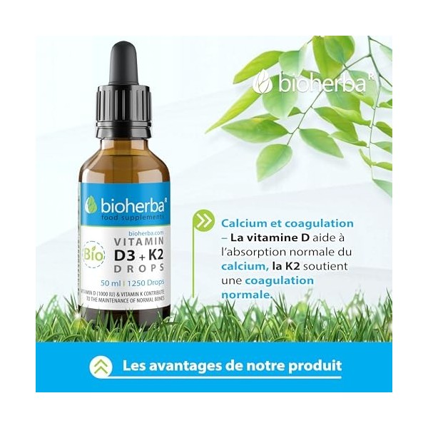 Vitamine D3 + K2 en gouttes – Formule haute teneur avec MK-7 et huile MCT | 50 ml 1250 gouttes | Vegan & sans additifs – pa V...