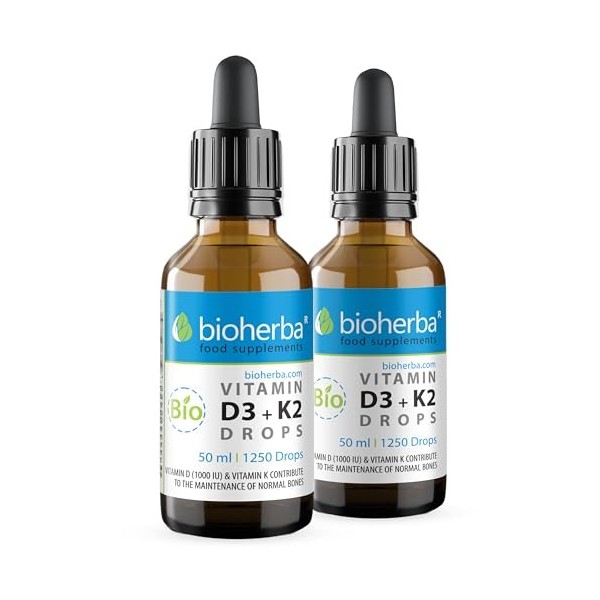 Vitamine D3 + K2 en gouttes – Formule haute teneur avec MK-7 et huile MCT | 50 ml 1250 gouttes | Vegan & sans additifs – pa V...