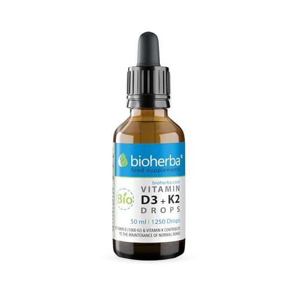 Vitamine D3 + K2 en gouttes – Formule haute teneur avec MK-7 et huile MCT | 50 ml 1250 gouttes | Vegan & sans additifs – pa V...